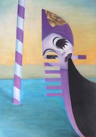 Venetiaans masker op een gondel met een roos